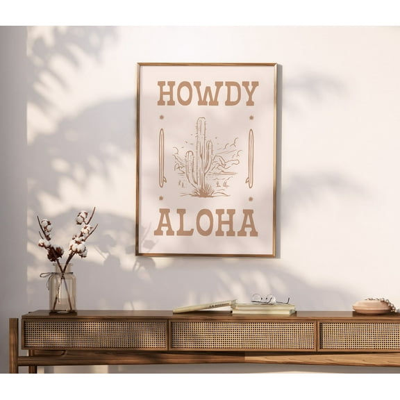 Beige Howdy Print Aloha Coastal Cowgirl Wall Art Surfing Cowgirl Aesthetic Neutral Western Decor Southwestern Aesthetic Decor Home Decor #3834, Unframed Poster Size 8x12