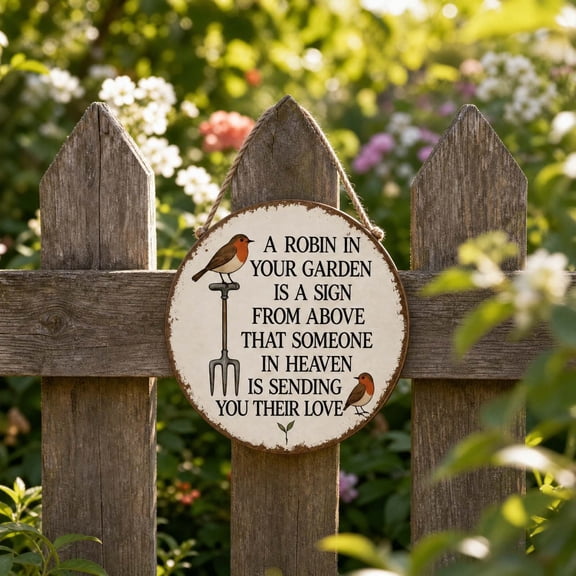 ChicYu Robin Garden Wooden Sign 20cm, Vintage Round Wall Plaque with Jute Rope, Memorial Bird Quote Home Decor, Placa de Madera Decorativa para Pared