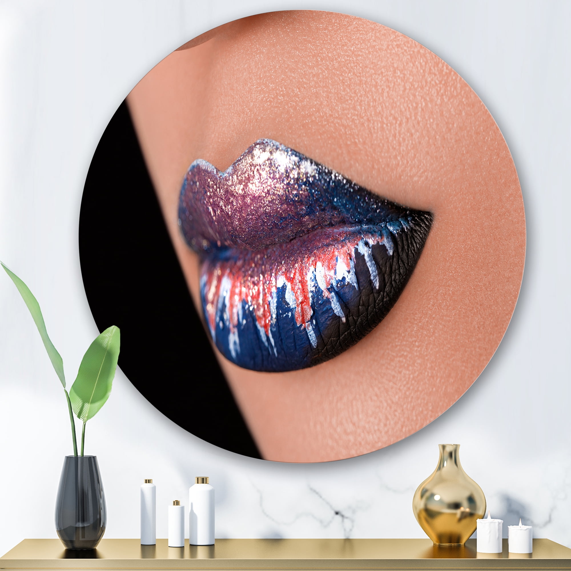 Designart 'Fashion and Creative Make Up On Woman Lips' Modern Circle Metal Wall Art 36x36 - Disc of 36