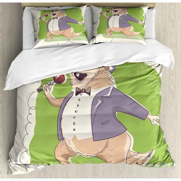 Groundhog Day Collection Duvet Cover Set Queen Size, Marmot Singer and Microphone Funny Design Cartoon, Decorative 3 Piece Bedding Set with 2 Pillow Shams, Lime Green Mauve and Ecru, by Ambesonne