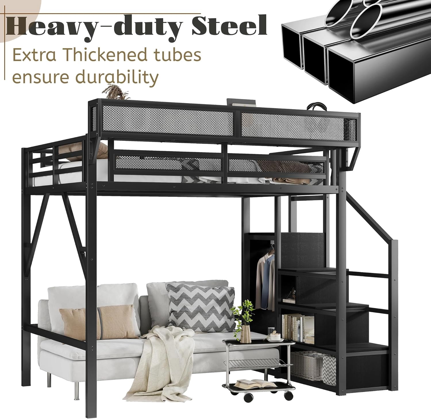 Mirightone Full Size Loft Bed with Stairs, Metal Loft Beds Full with Storage Shelves, Adults Loft Bed with Wardrobe, Heavy Duty High Lofted Bed,Convertible Staircase, All black