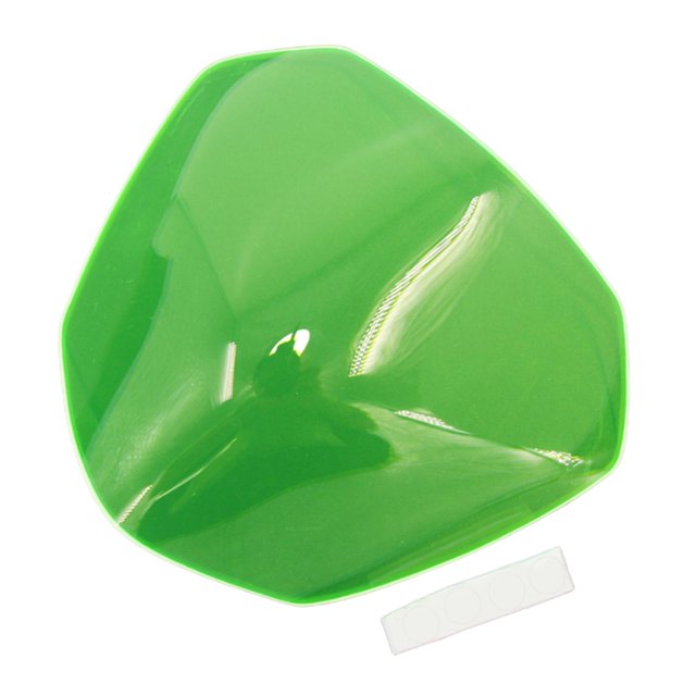 cubierta protectora para lente de faro yotijar fz-07 2015-2017 verde, cubierta triangular redondeada de plástico rígido con acabado brillante, tamaño aproximado 167 x 140 x 35 mm; vista frontal centrada sobre fondo blanco, incluye tira de adhesivos. suele usarse también para personalizar la apariencia del frente de la motocicleta en exhibiciones.