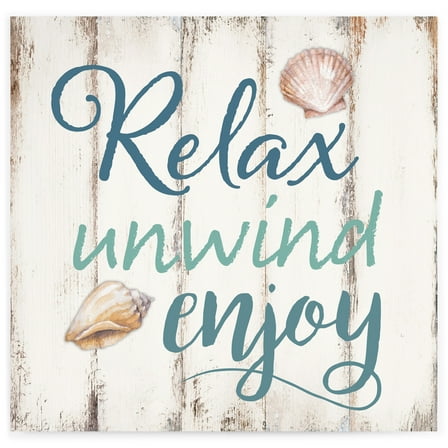 Relax Unwind Enjoy Seashells Design White Wash 18 x 17 Inch Solid Pine Wood Pallet Wall Sign Plaque