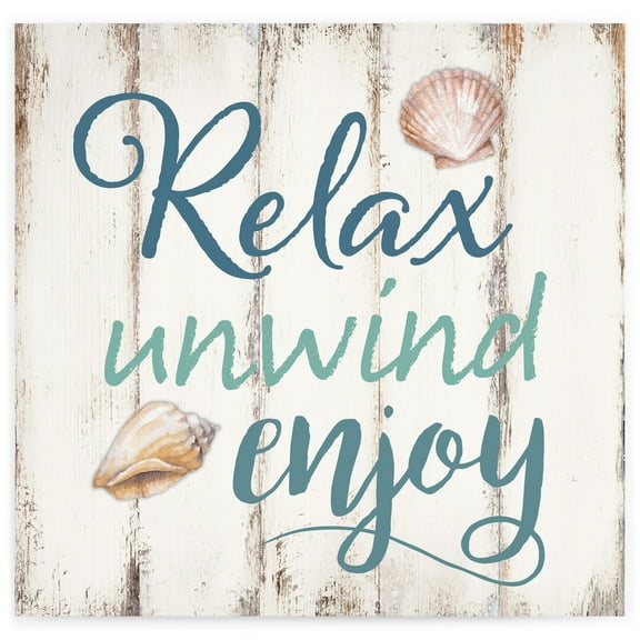 Relax Unwind Enjoy Seashells Design White Wash 18 x 17 Inch Solid Pine Wood Pallet Wall Sign Plaque
