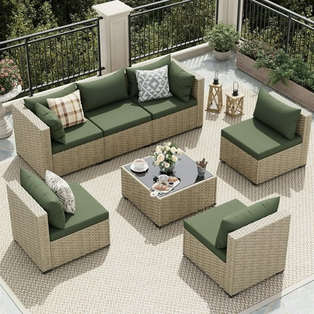 PARKWELL 5 Piece Outdoor Patio Furniture Set,All-Weather High Back Conversation Set with Luxury 6-Inch Thick Cushions,Swivel Glider Chair,7-Seat Furniture Sets for Garden, Deck, Backyard,Brown/Navy