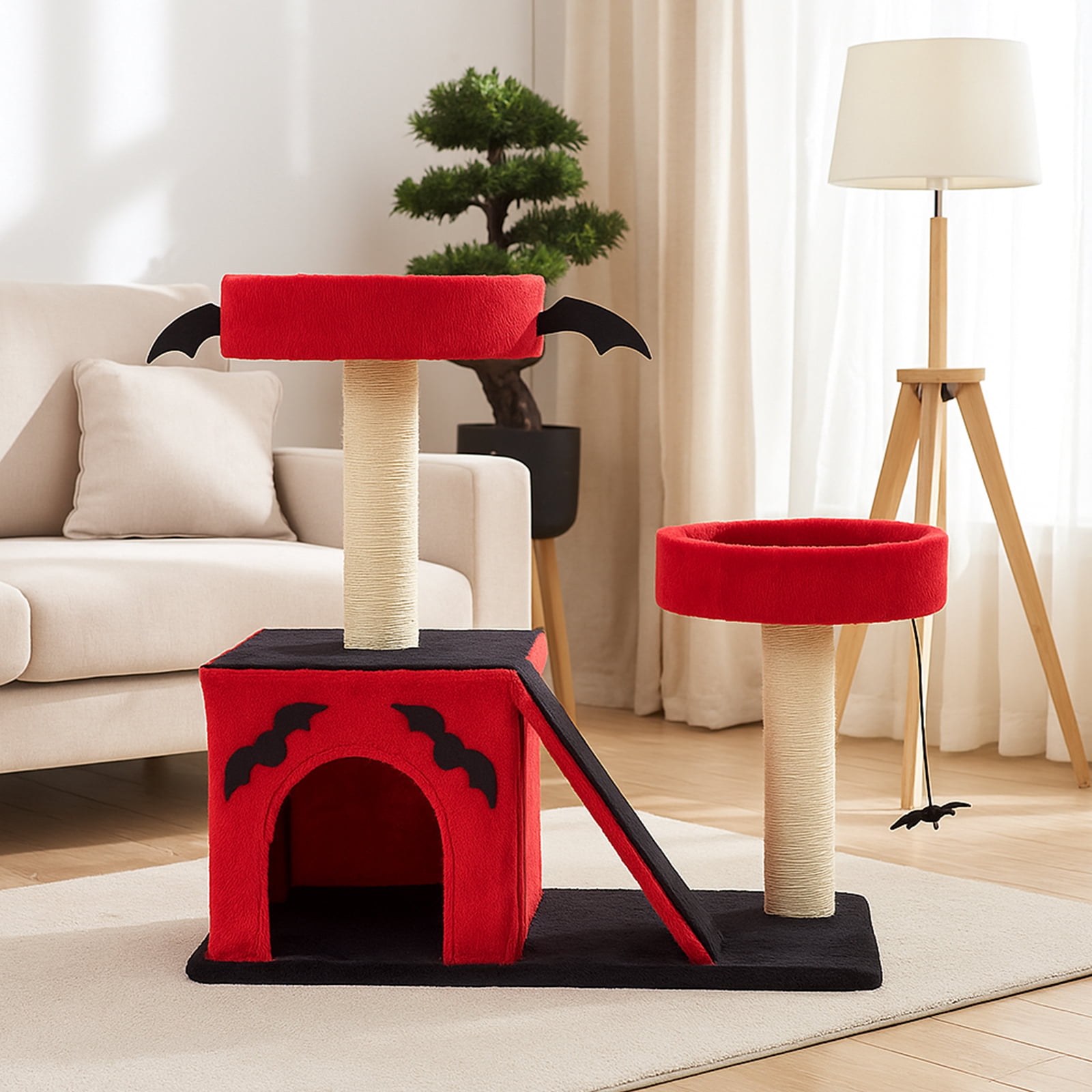 26" Gothic Cat Tree Halloween Décor Multi-Level Cat Tower with 2 Perches Condo Scratching Posts Spider Toy Scratching Ladder for Large Cats Red & Black