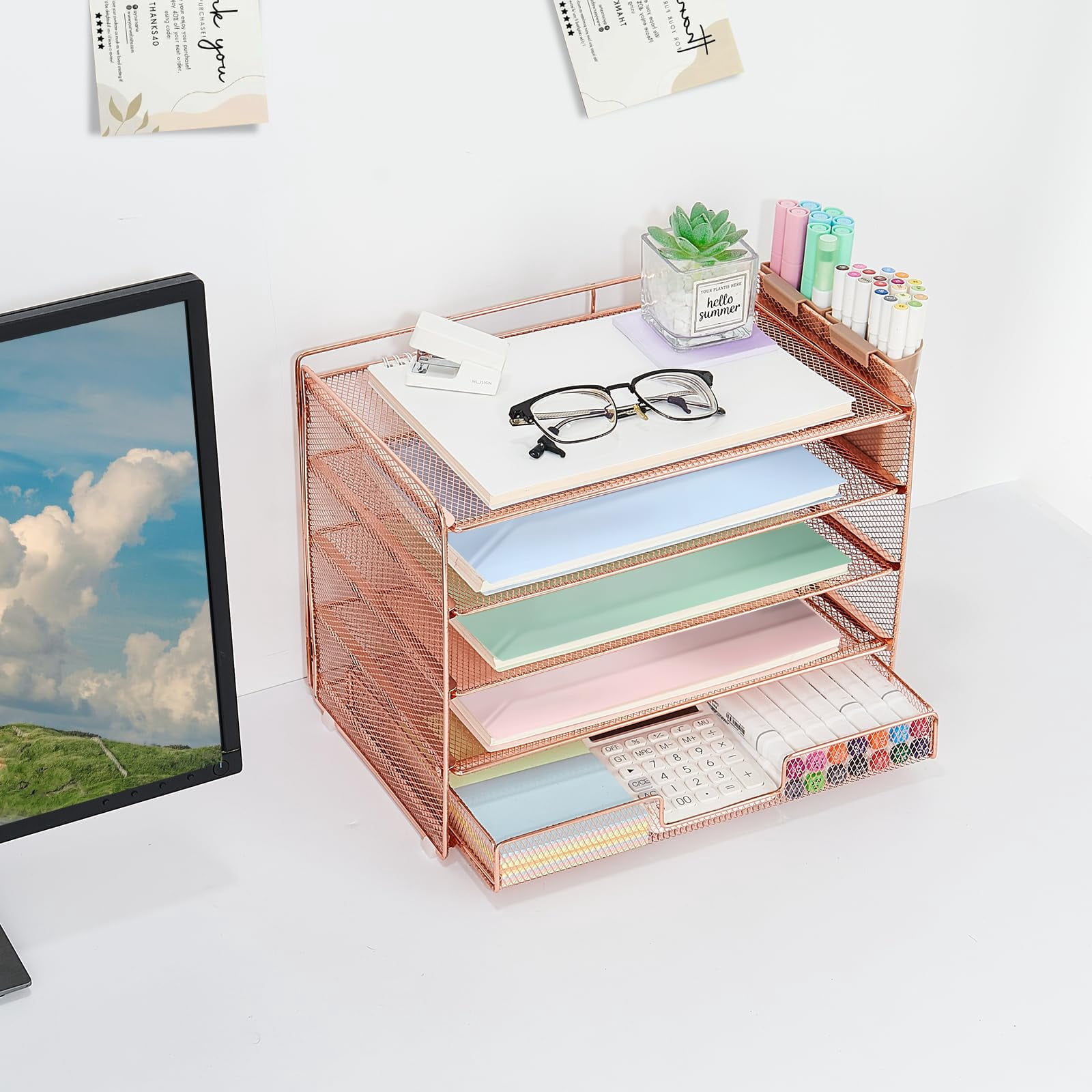 Desk Organizer And Accessories  5-tier Paper Letter Tray With Drawer & 2 Pen Holders For Desktop File Organization Office Supplies Storage (rose Gold)