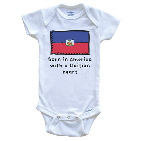 

Born In America With A Haitian Heart Cute Haiti Flag Baby Bodysuit 0-3 Months White