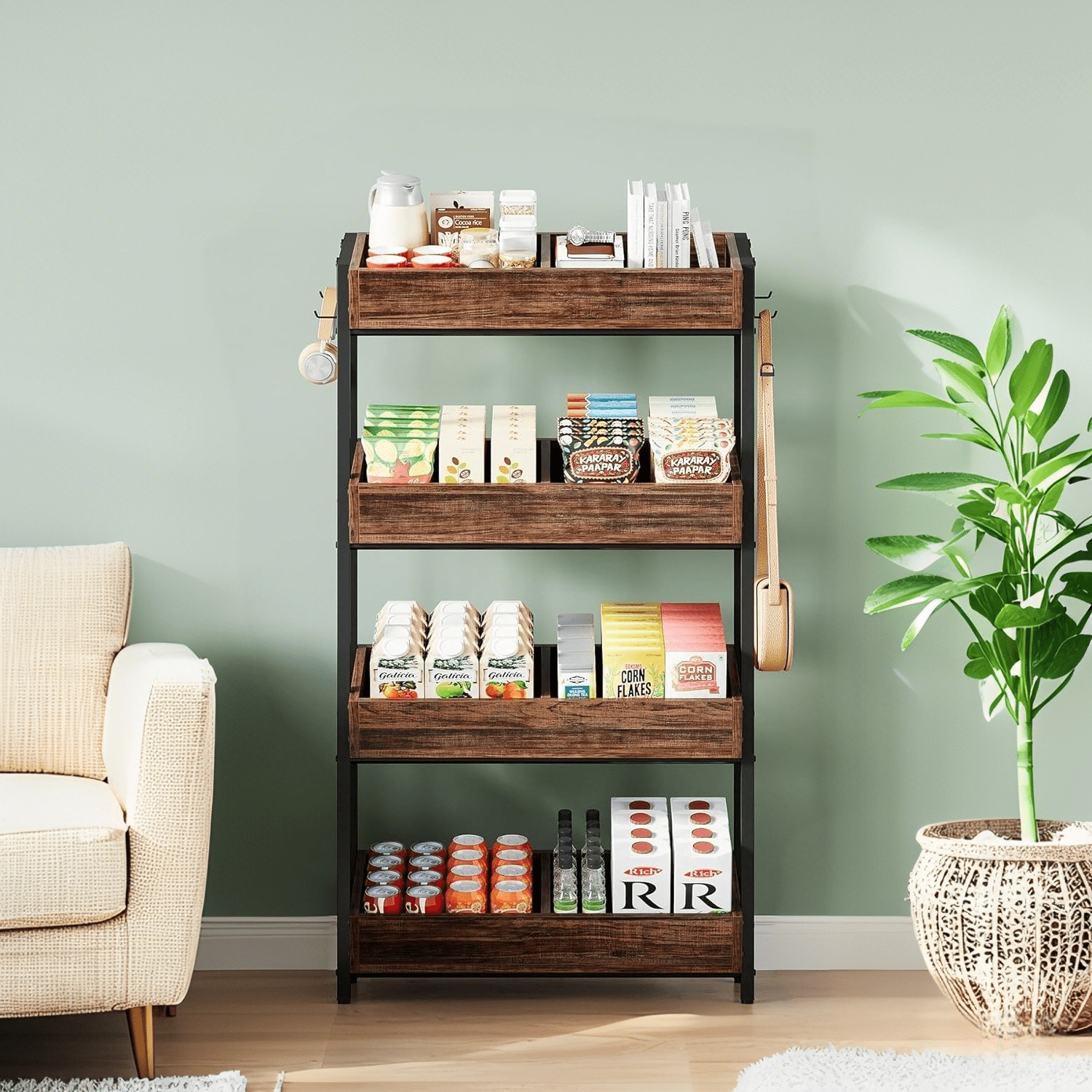Tribesigns 4-Tier Retail Display Rack, Wooden Snack Candy Stand, Store Shelving Organizer with Heavy-Duty Metal Frame(2, Brown)