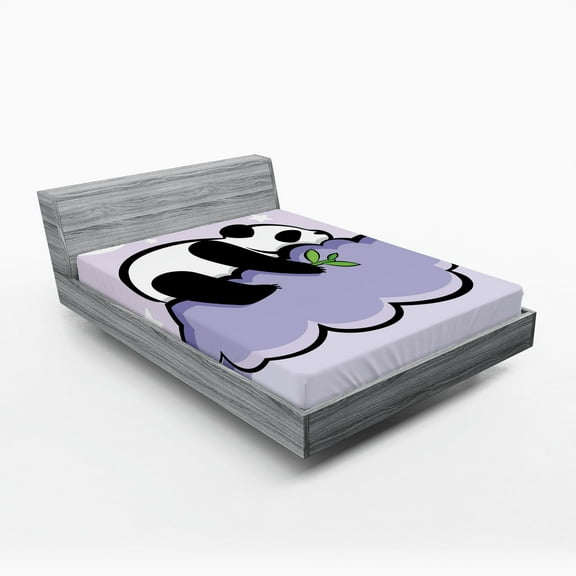 Panda Fitted Sheet, Panda Bear Sleeping on Cloud in Starry Night Sky Cartoon Illustration Print, Decorative Soft Bedding All-round Elastic Pocket, California King, Lilac Black, by Ambesonne