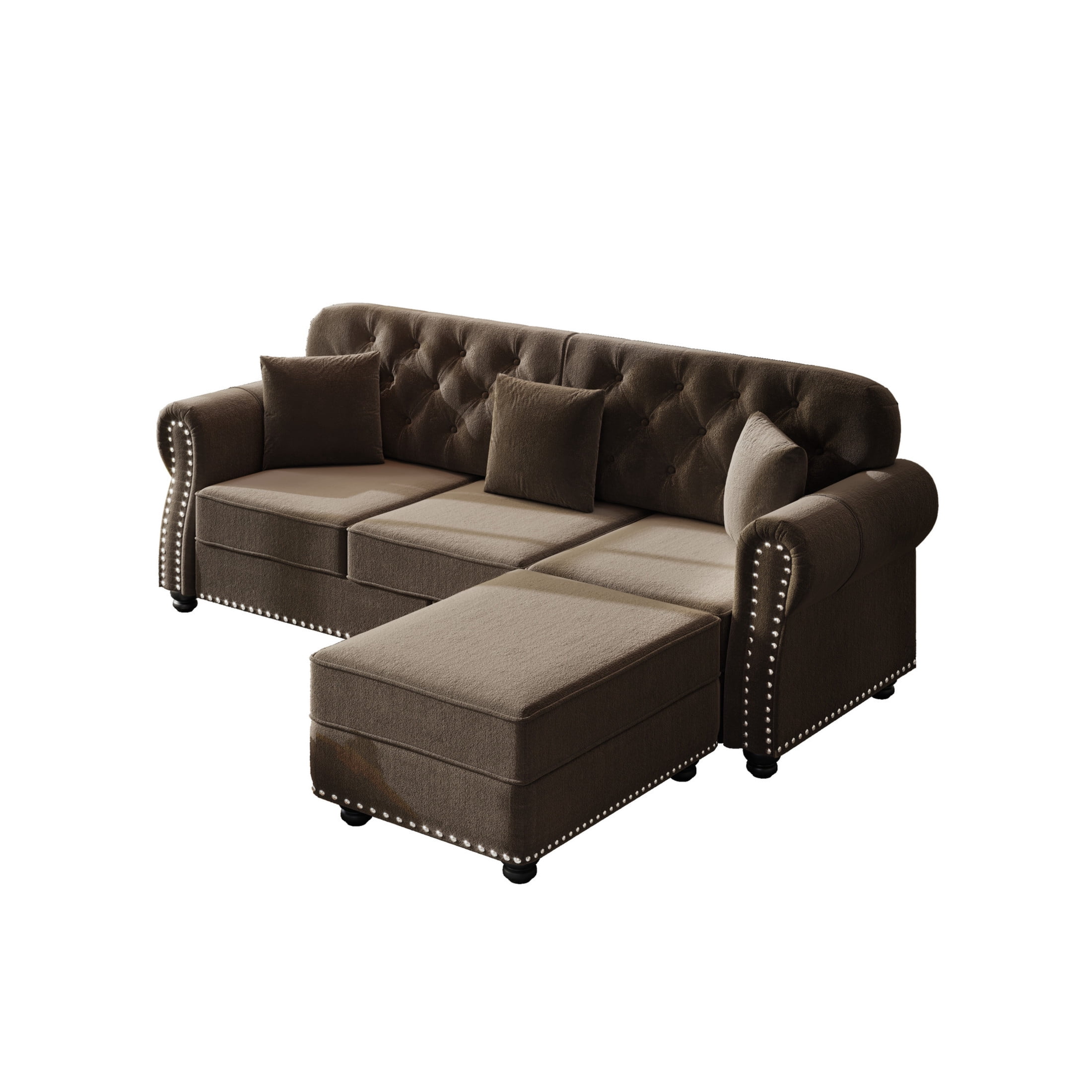 Noble House Kieran 3-Seater Velvet Chesterfield Sofa, Modern Tufted Armchair with Nailhead Trim and Ottoman, Brown