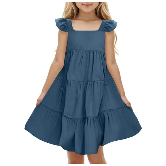 Tkrady Dress for Girls Spring Summer New Solid Color Ruffled Little Flying Sleeve Fashionable Princess Dresses, Sizes 1-6 Years