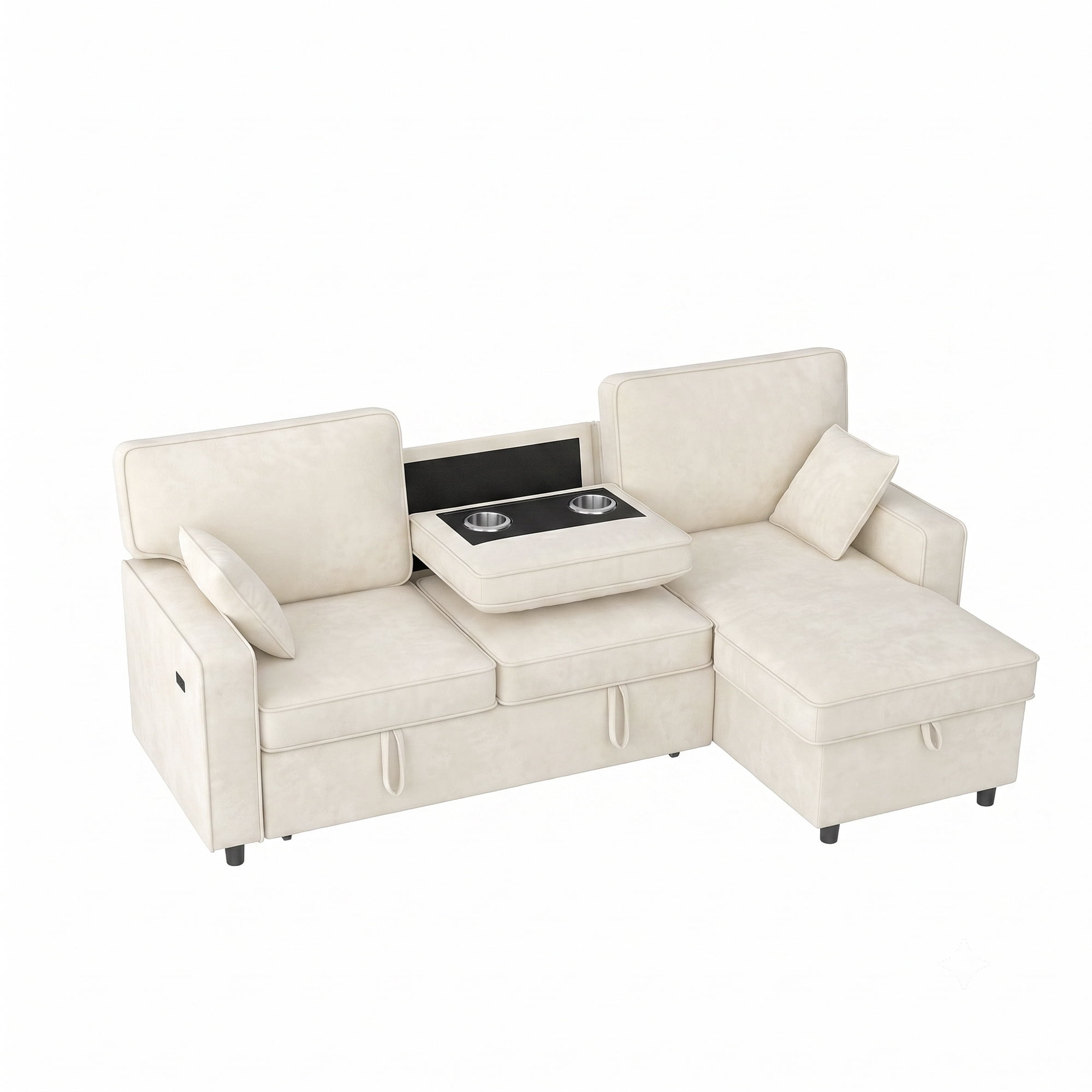 Sectional Sleeper Sofa,L Shaped Chenille Convertible Sofa Bed 89" 3 Seater with Flip-Down Center Console & USB Charging Ports,Pull Out Couch for Living Room Apartment Office,Beige