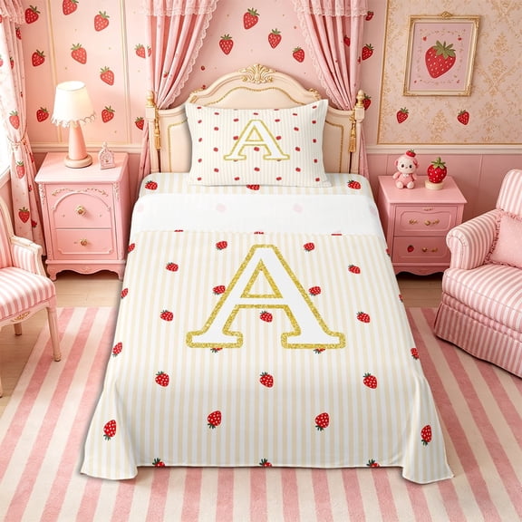 Meiyoeat Cute Gold Letter A Twin Sheets 3pcs, Strawberry Stripe Print Bedding, Beige Red