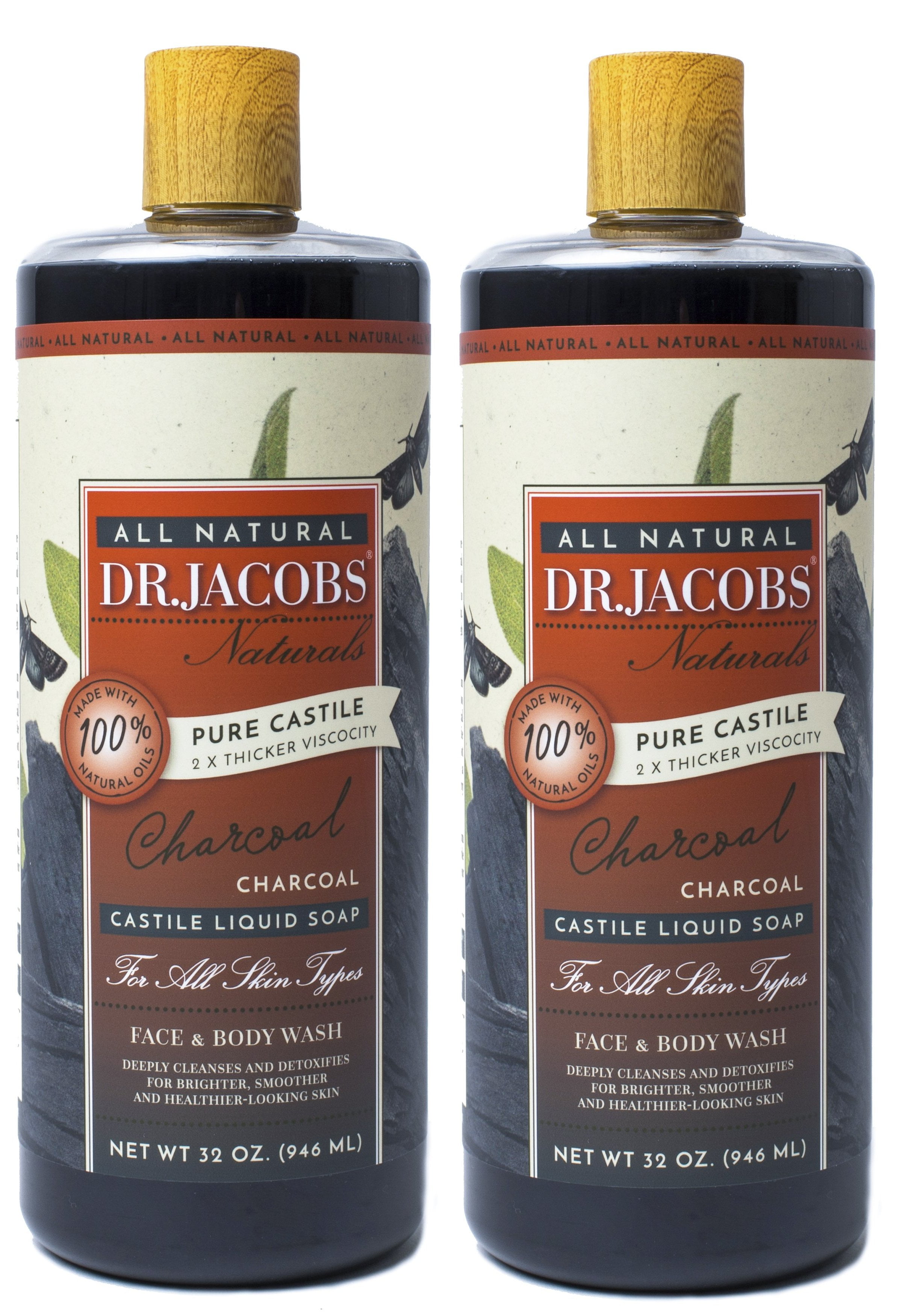 Dr Jacobs Naturals 32 Oz (Charcoal, 2-pack). Pure Castile Liquid Soap - Vegan, No Palm Oil, GMO Free - Multi-Purpose for Face, Hair, Laundry and Dishes - Hypoallergenic and Dermatologist Approved