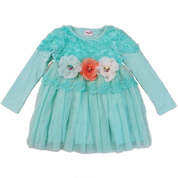 Wenchoice Teal Floral Long-Sleeve A-Line Dress Girls M(3Y-4Y)