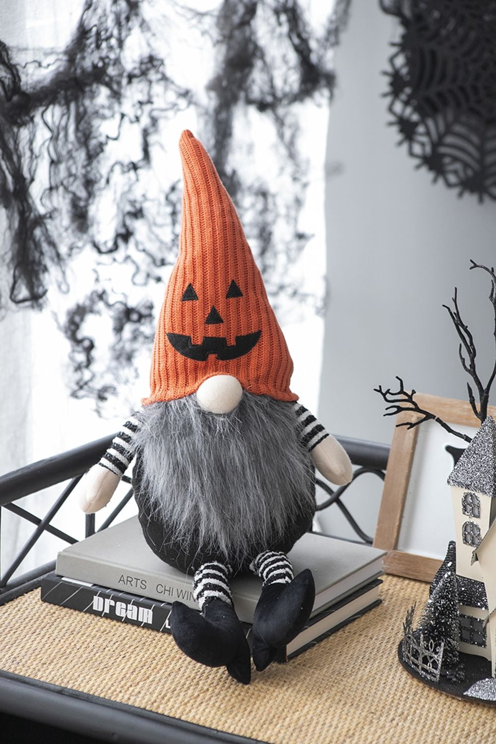 8.3x4.7x23.5" Fabric Sitting Gnome with Orange Knit Hat for Halloween Decor