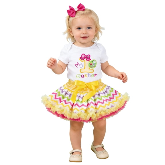 shoper Easter Baby Girl Party Dress Cute Cartoon Embroidered Egg Short Sleeve Romper Skirt Set with Hair Bow, Girls 2 Pieces Outfits 2T