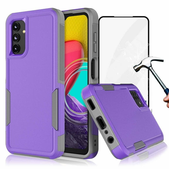 For Samsung Galaxy A14 5G Phone Case, with Tempered Glass Screen Protector, Heavy Duty Rugged Shockproof Full Body Protection Sturdy Durable Cover Cute Bumper for Galaxy A14 5G -Purple