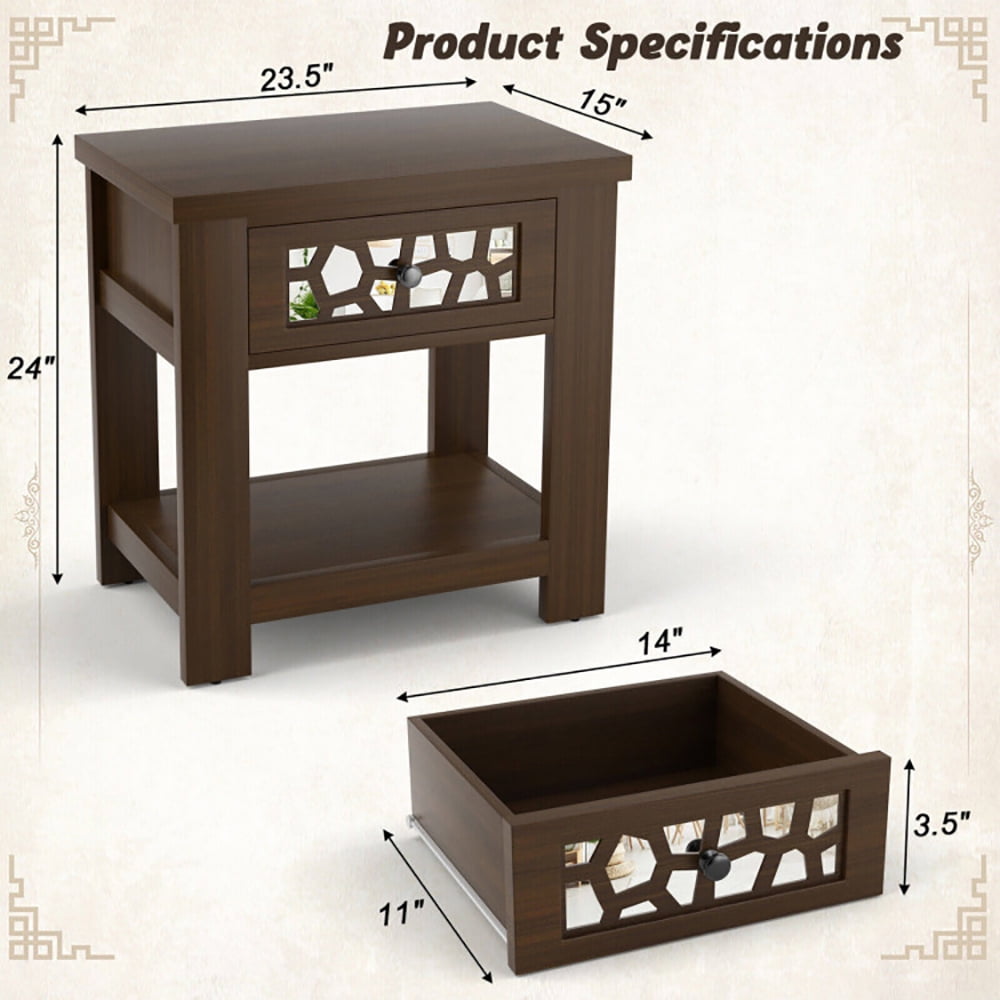 Finihen End Table, Wood Retro End Table with Mirrored Glass Drawer and Open Storage Shelf, Sofa Side Table, Bed Side Table, for Living Room, Bedroom, Brown Finihen End Table, Wood Retro End Table with Mirrored Glass Drawer and Open Storage Shelf, Sofa Side Table, Bed Side Table, for Living Room, Bedroom, Brown