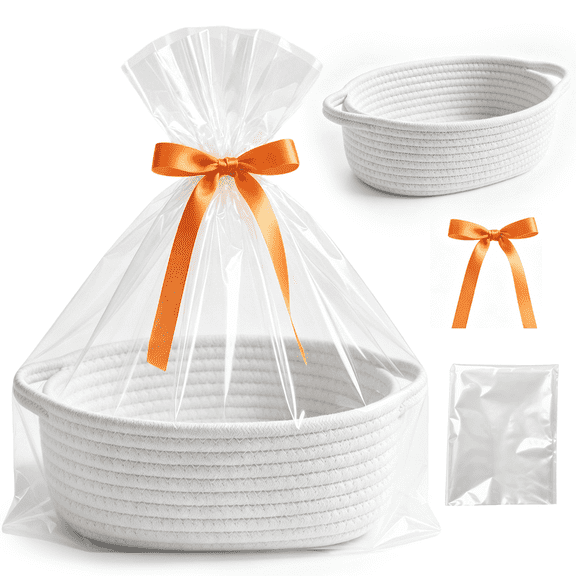 BUSATIA Gift Baskets Empty, Small Woven Basket with Gift Bags and Ribbons, 12" x 8" x 5" Storage Basket with Handles for Baby Shower, Birthday Gifts & Home Decor, White