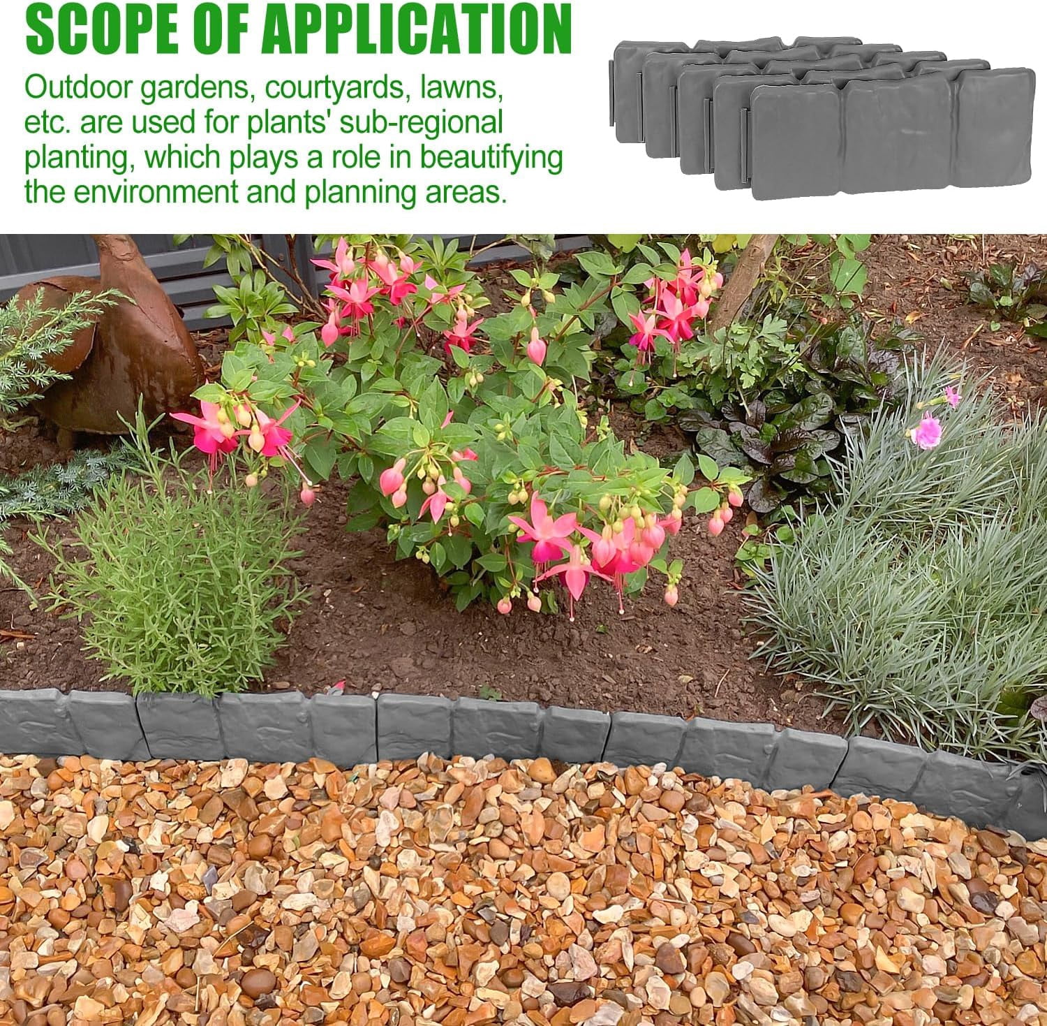 Garden Edging Border NO DIG, with Landscape Edging Anchoring Spikes, Gray Stone Effect Plastic Lawn Edging Fencing, Interlocking Yard Lawn Edging for Flower Bed | 24 Ft | 30Pcs | Gray |