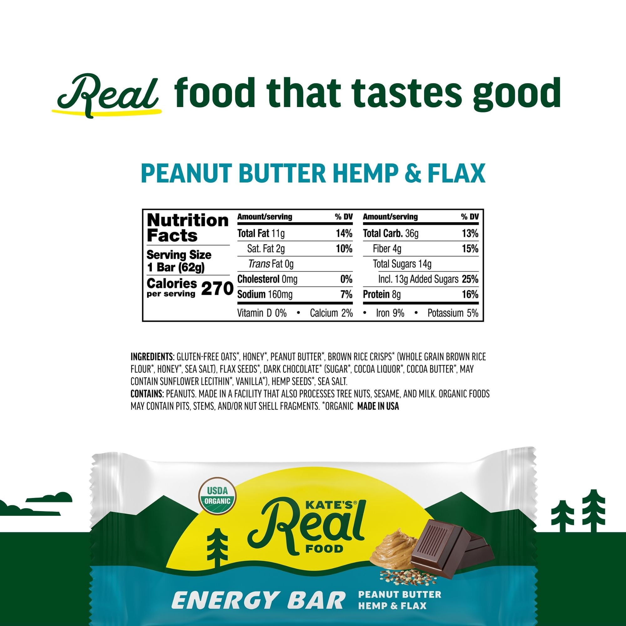 Kate’s Real Food Organic Granola Peanut Butter Hemp & Flax All Natural Energy Bars - Non GMO, Soy Free, Whole Grain, and Made with Gluten Free Oats - 12 count