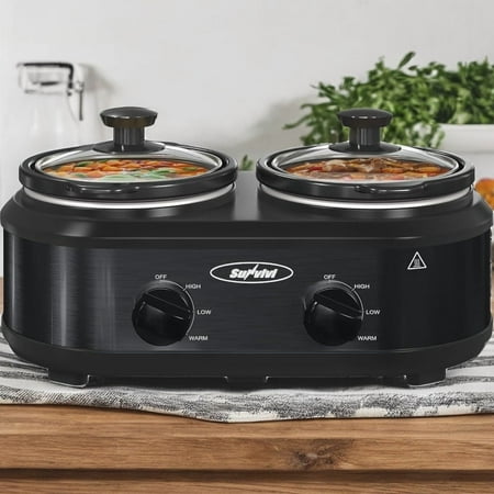 Shining Double Crockpot Slow Cooker Clearance, 2 Pot Crock Buffet Servers And Warmer, Dual Pot Oval Manual Slow Cooker with Adjustable Temp Removable Ceramic Pot, Stainless Steel, Total 2.5 Quarts