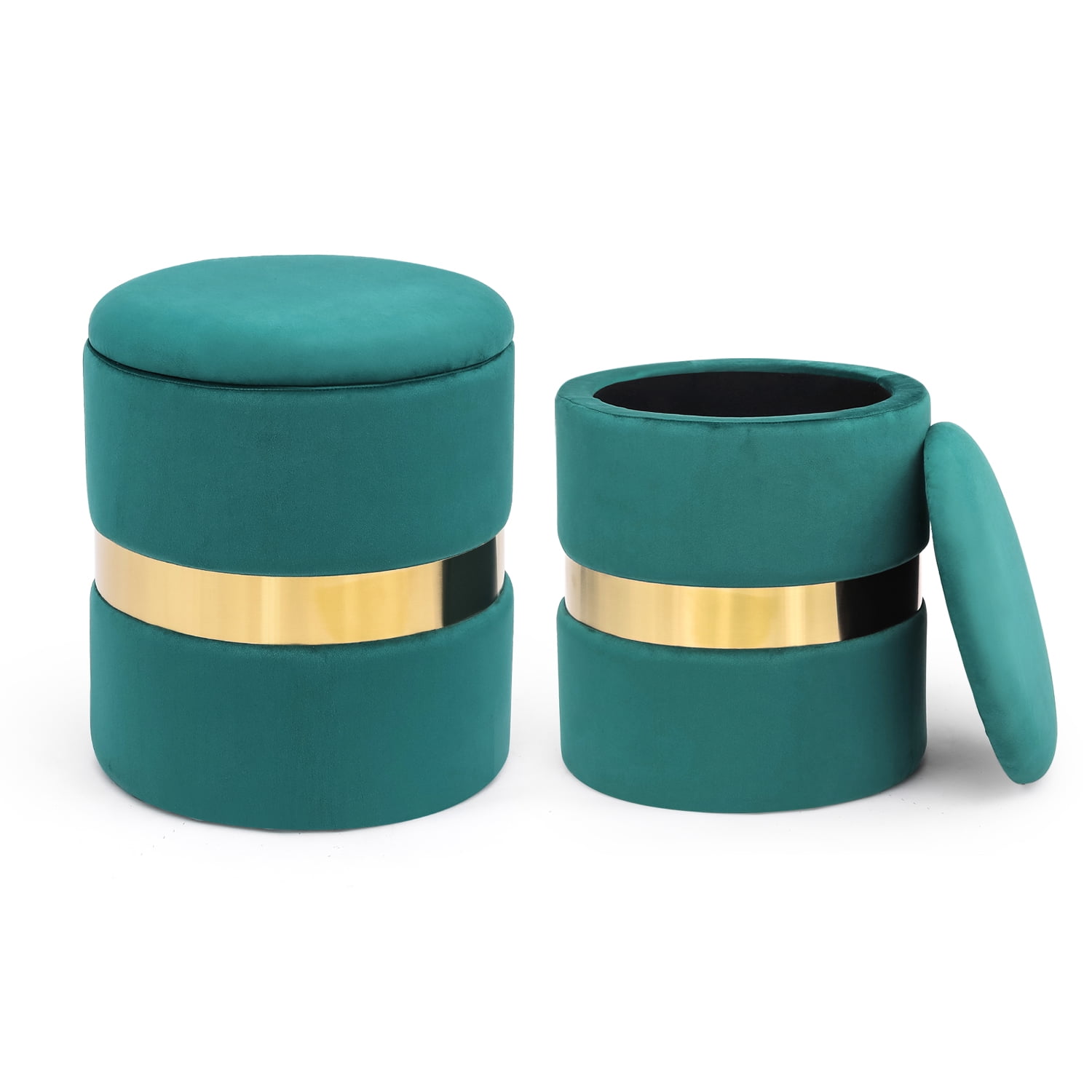 Homebeez Round Velvet Storage Ottoman,Vanity Stool Modern Upholstered Footstool Cyan , Pack of 2