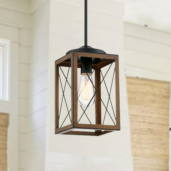 1-Light Cage Mini Pendant Light with Matte Black and Barnwood Accents