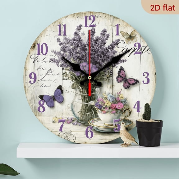 2D Flat 1pc 10Inch Wooden Lavender Garden Wall Clock - Silent Wooden Round Clock with Floral Design, Battery Operated (AA Not Included) for Living Room, Bedroom, Office, Kitchen Decor