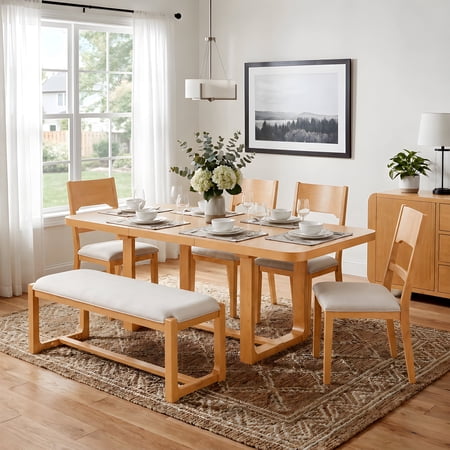 FFZ 6-Piece Solid Wood Dining Set with Extendable Table 4 Padded Chairs and Bench Natural
