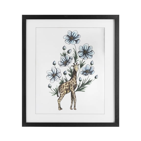 Giraffe with Flower Blossoms Black Framed Print Under Glass, design by Cecilia Battaini