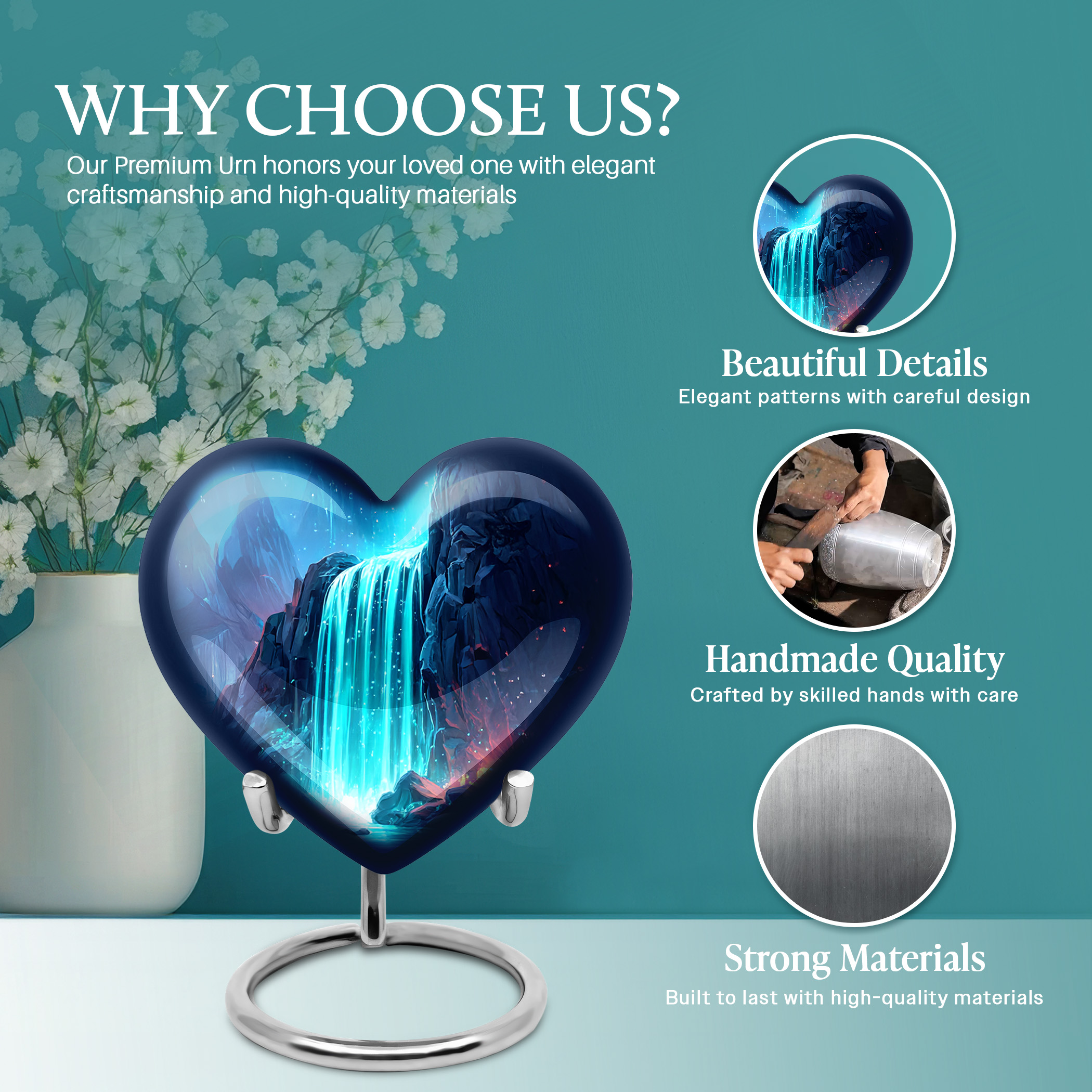SABURIAL Waterfall Urn - Handcrafted Tribute Cremation Urns for Human Ashes - Burial Urn for Adult Male & Female - Urns for Human Ashes Adult Man - Combo - 8 Inch Large & 3 Inch