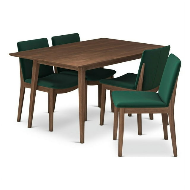 Pemberly Row Ensemble de Salle à Manger Mi-Siècle 5 Pcs avec 4 Chaises en Velours Vert