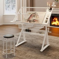 Qiushi Hand Crank Adjustable Drawing Table with Stool, Upgraded Tempered Glass Drafting Desk with Storage Drawers, Height & Angle Adjustable Art Desk for Home Office, Study, Bedroom (White)