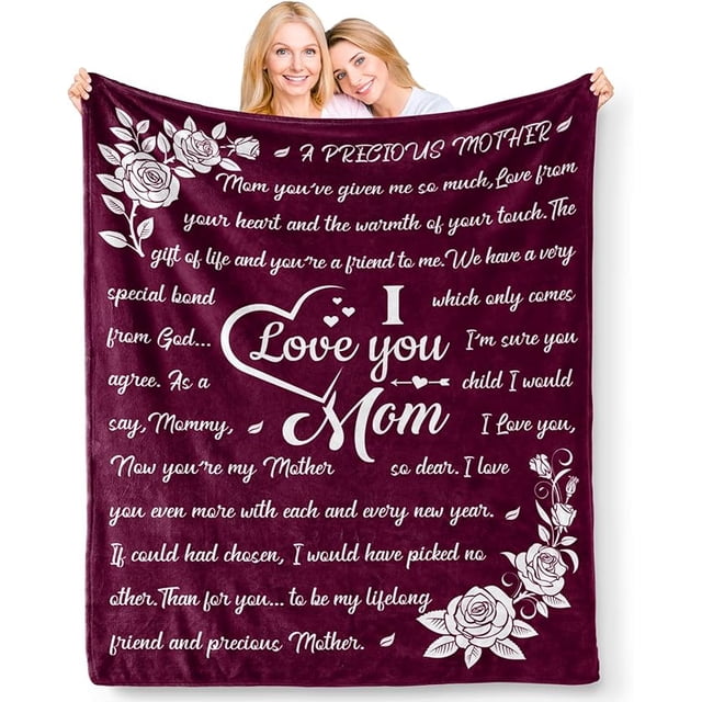 LHSHID Gifts for Mom Blanket I Love You Mom Gifts from Daughter or Son for Mother Unique Birthday Mothers Day Thanksgiving Gifts for Mom Double Sided Printed Blanket Merlot Red 60"x80"