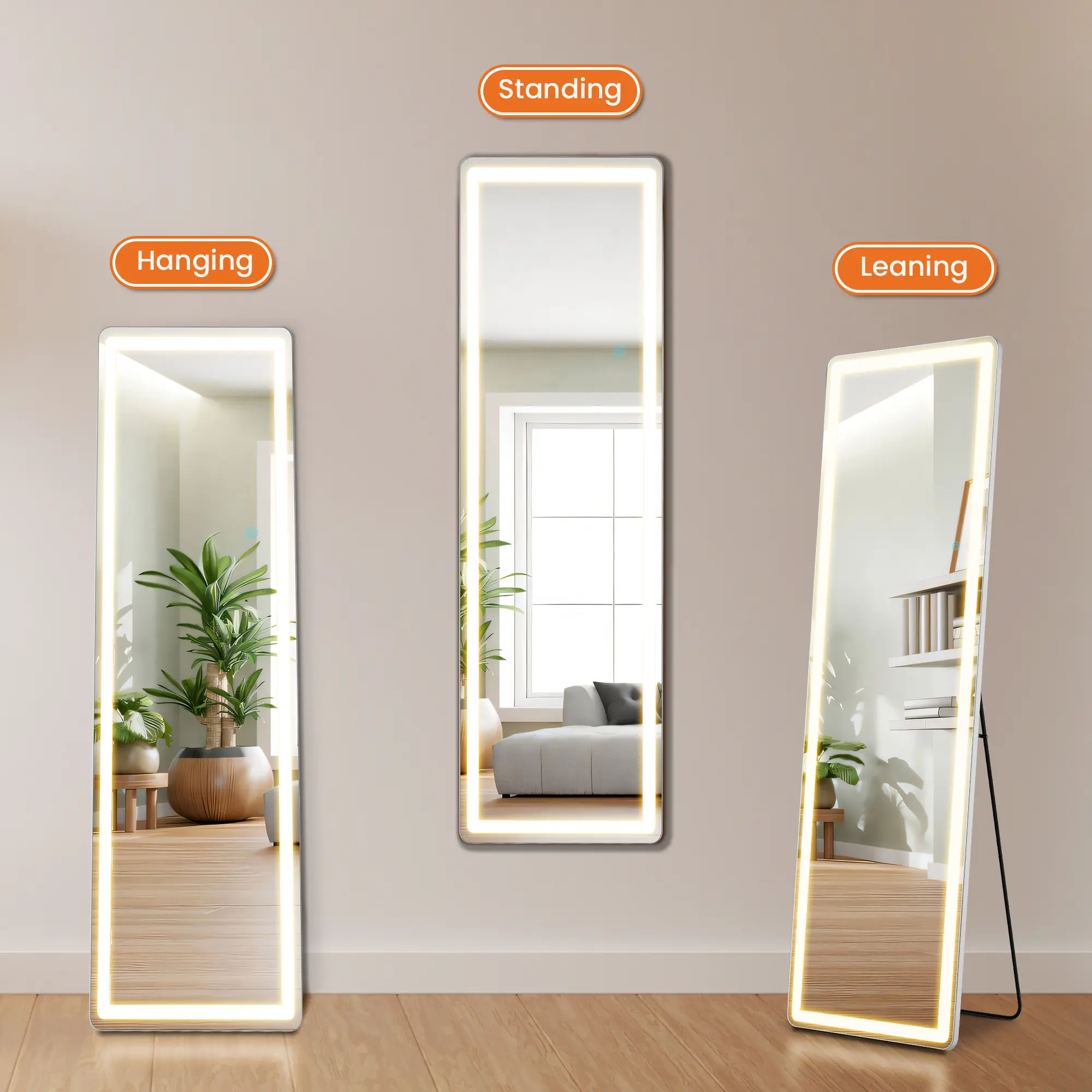 Aukfa 60" x 16" LED Full Length Mirror, Wall Mounted Floor Standing with Touch Control & 3-Color Dimmable Lights