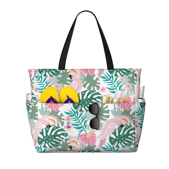 Large Beach Bags Water-resistant Sandproof - Palm Leaves Cute Parrot Pink Cute Beach Tote Bags for Women with Zipper