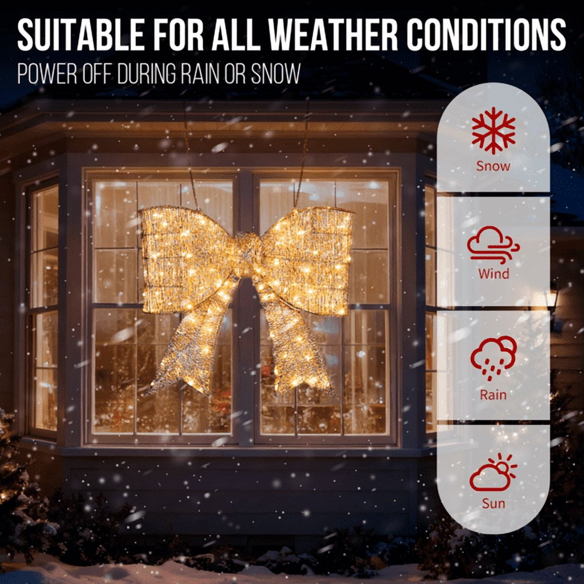 28.3in Pre-Lit Outdoor Christmas Bowknot, 124 Warm White LEDs, Sparkling Tinsel Fabric, Collapsible for Indoor/Outdoor Use
