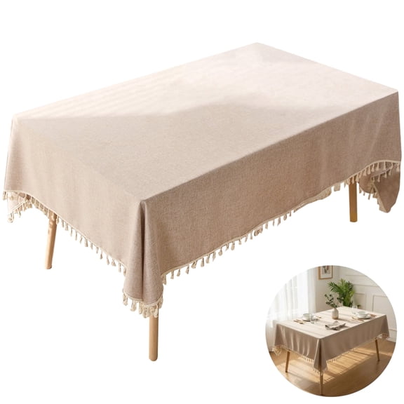 Cotton Linen Rectangle Tablecloth – Milk Tea Color, 55" x 71", Tassel Trim, Wipe‑Clean, for Dining Table, Home Party, Indoor & Outdoor Use