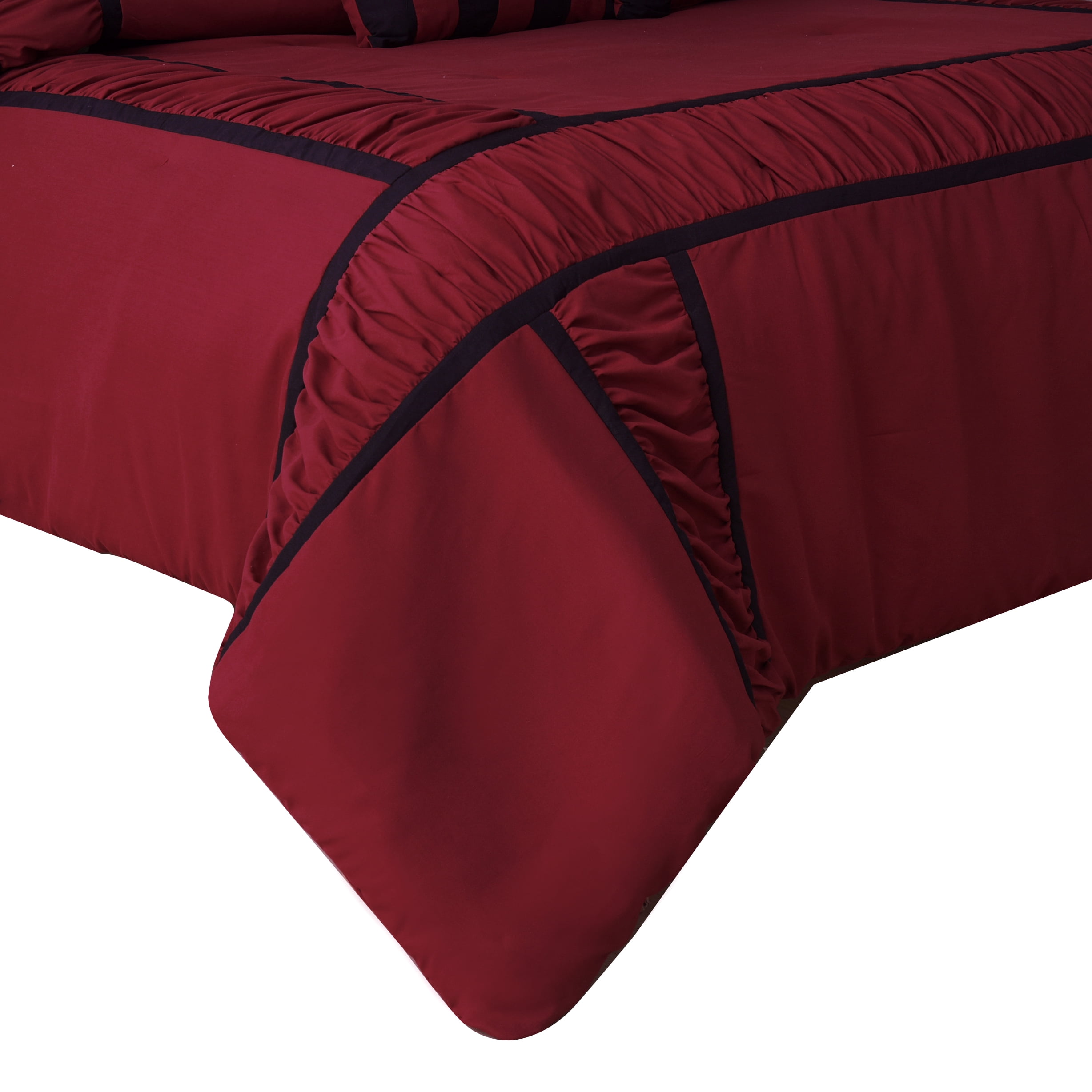 7-Piece Red and Navy Ruffled Comforter Set with Shams, Pillows & Bed Skirt，Queen