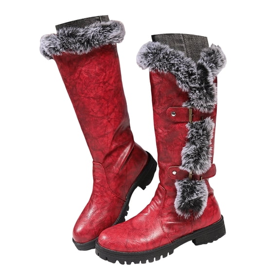 YLYL Women Winter Snow Boots Comfy Warm Fur Lined Metal Buckle Chunky Heel Mid Calf Boot