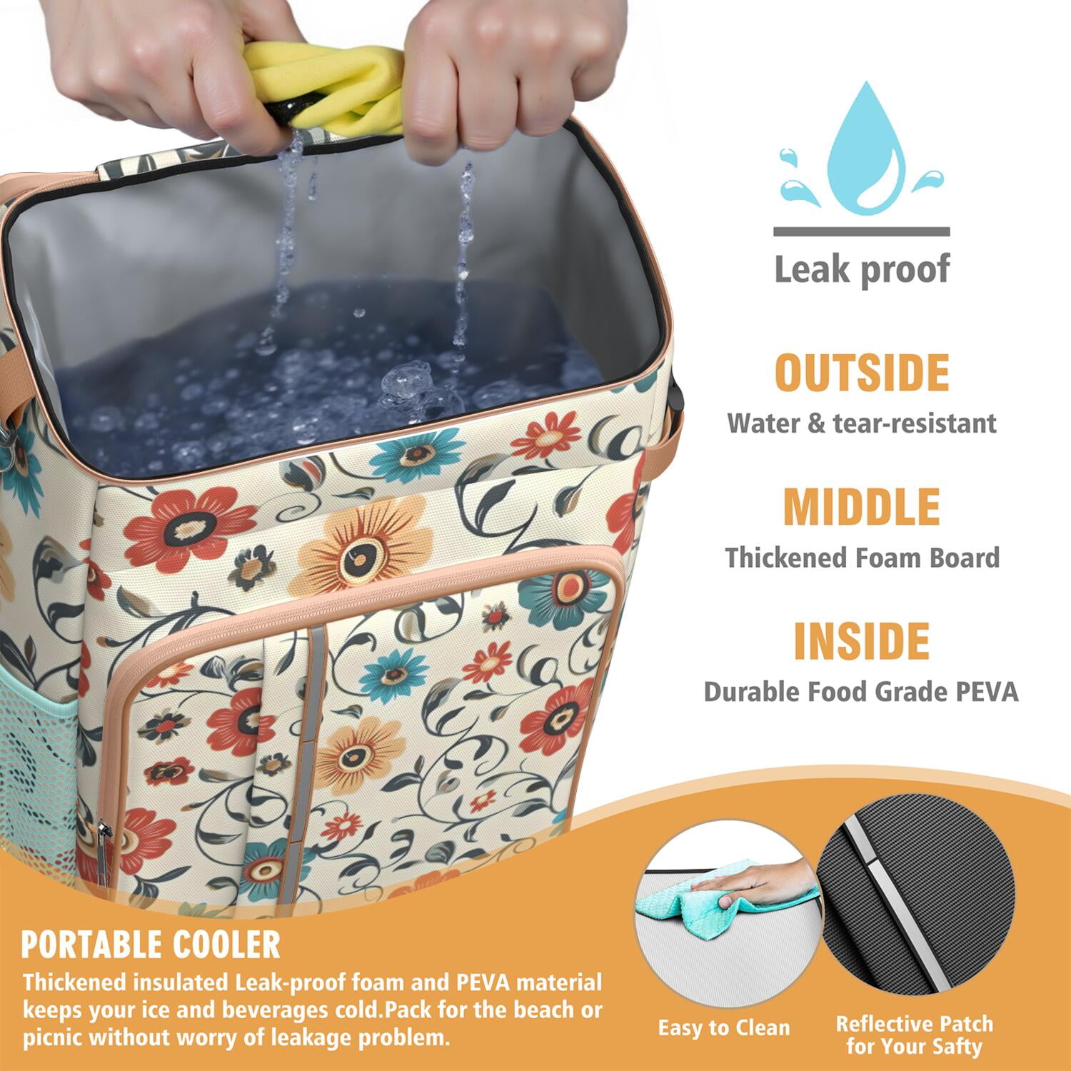 Travel Cooler Bag - Pioneer Flower Floral Print Pattern Camping Beer Cooler Backpack with Bottle Opener- Waterproof Insulated Picnic Backpacks - Cooler Bag for Beach