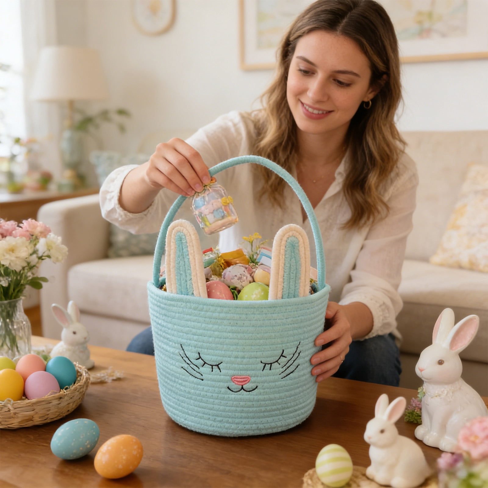 Lunxisen 1 Pcs Easter Storage Basket Hand-woven Rabbit Holiday Decorative Organizer Home Decor Baskets