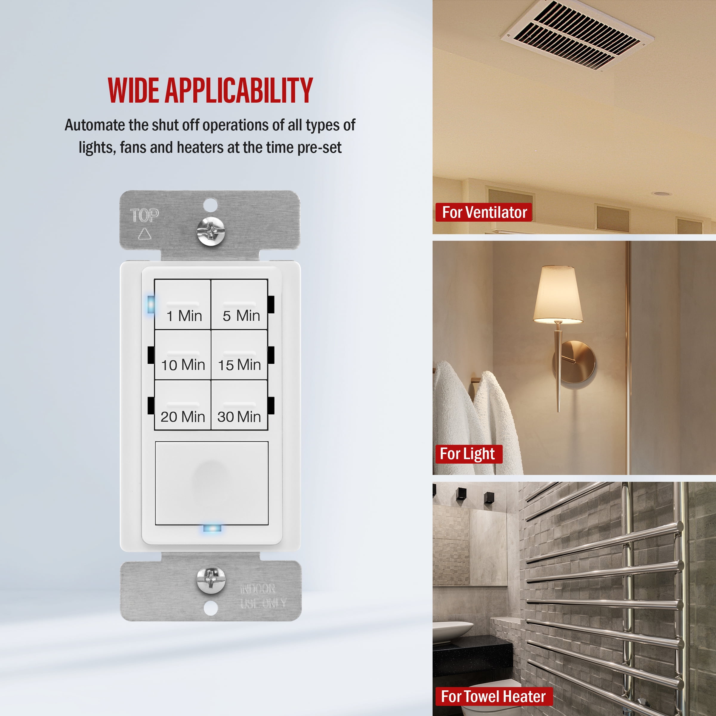 ENERLITES 30-Minute Countdown Timer Switch, 1-30 Min, for Bathroom Fans,  Heaters, Lights, LED Indicator, 120VAC 800W, No Neutral Wire Required, UL  ..., image size:2400x2400