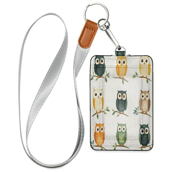 PU Leather ID Badge Holder Stylish Badge Holders with Lanyard (4.3x2.8x0.3in) for Cards & Credentials Cartoon Cute Owls
