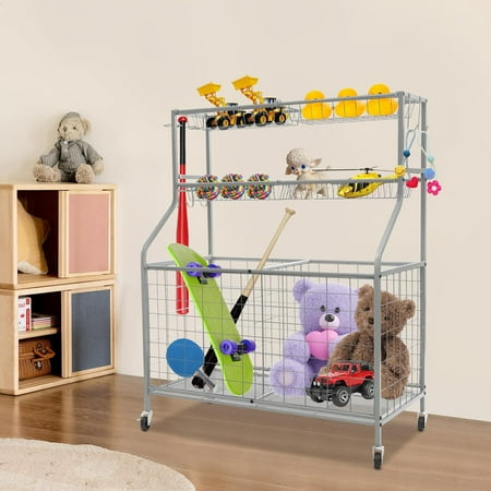 Exercise Equipment Storage 36 W x 45.6 H Garage Sports Equipment Organizer Heavy Duty Ball Storage Rack with Wheels Wire Mesh Sports Equipment Rack for Garages (Silver)