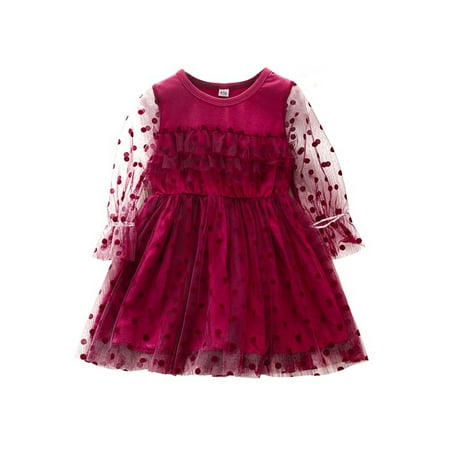 

Canrulo Princess Toddler Baby Girls Dress Outfits Dots Print Long Puff Sleeve Ruffles Mesh Lace Tutu Dress Rose Red 3-4 Years