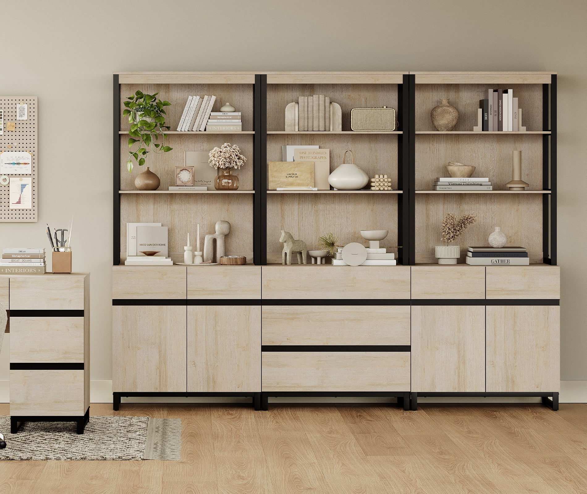 WAMPAT 3-Piece Modern 72" Tall Library Bookcase with 3 Drawers&Open Shelving,Freestanding Wood Bookshelf with Storage Cabinet&Adjustable Shelves for Home Office & Living Room, Beige